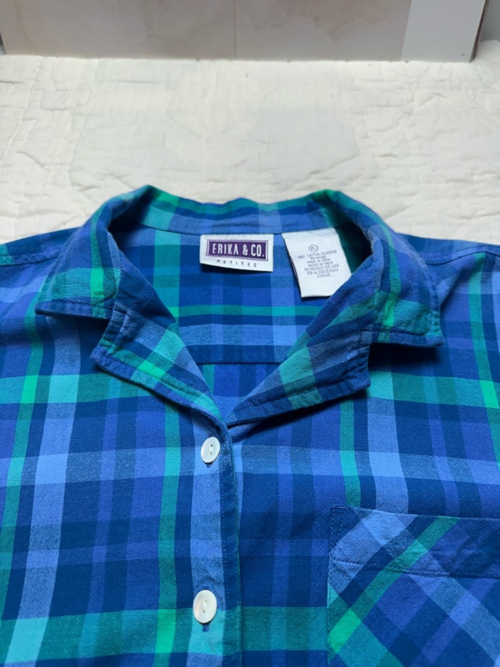 Blue Green Plaid Button Down | 90s Minimalist Boxy Short Sleeve · Erika & Co - Picture 5 of 11
